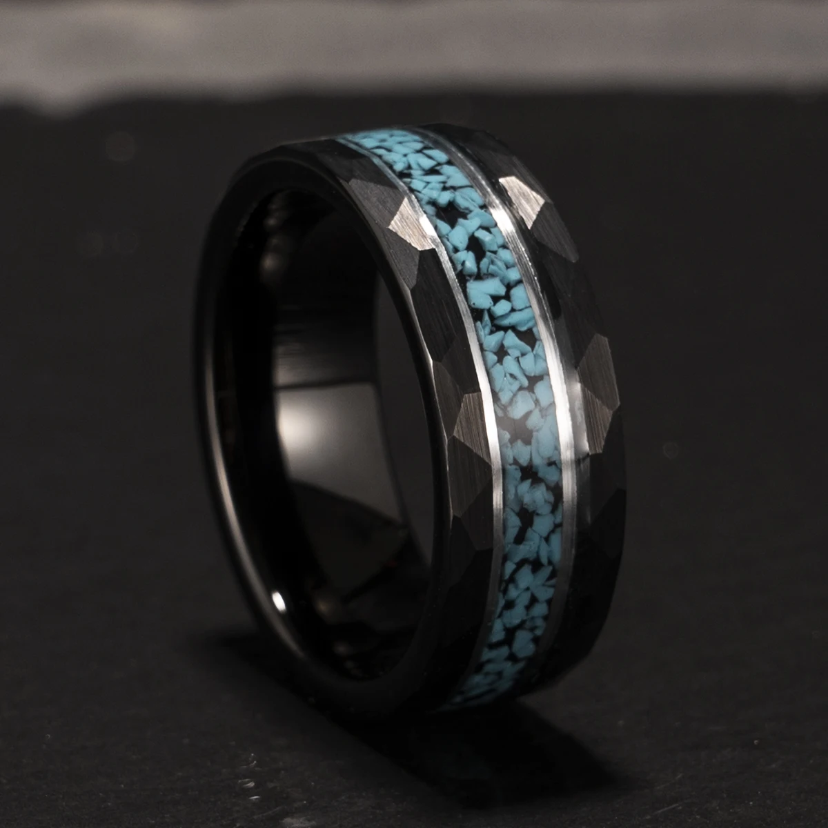 Black Tungsten Carbide Ring, 8mm Luxury Couple Wedding Rings for Men and Women, Crushed Turquoise for Daily Wear, Anniversary