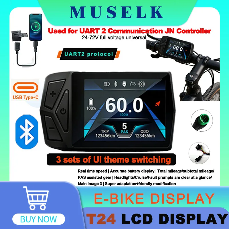 Electric Bicycle T24 LCD Display Screen  24V-72V SM/WP for UART 2 Communication Protocol Controller