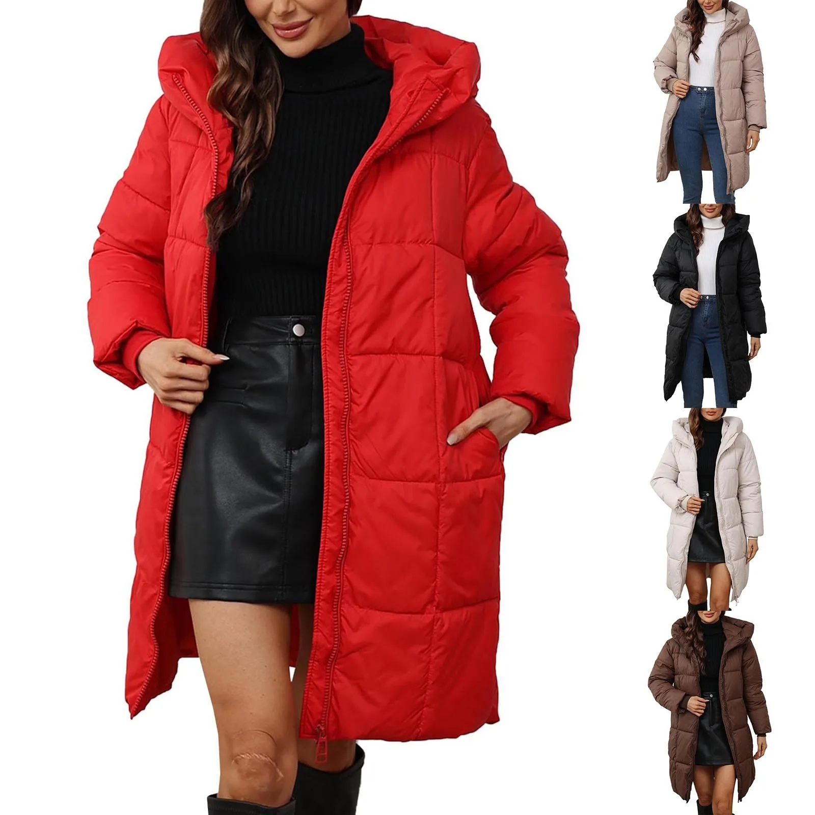 2024 Fashion Winter Down Coat Medium Length Cotton-padded Jacket Hooded Overcoat Thicken Warm Slim Outerwear Female Coats