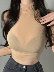 Summer New Slim Crop Top Sexy Women T Shirt See Through Transparent Mesh Tops Long Sleeve Sheer Slim Ladies Turtleneck T-Shirt