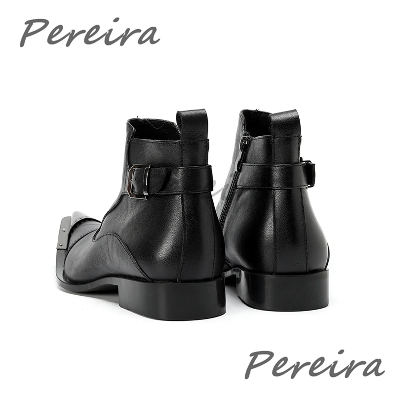 Red Black Iron Pointy Toe Men's Ankle Boots Fashion Belt Buckle Printed Genuine Leather Booties New Banquet Party Dress Shoes view 4
