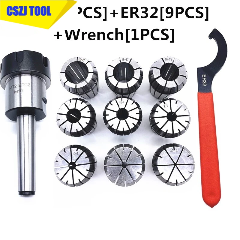 

ER32 Spring Collets 9pcs Set And 1pcs MT2 ER32 M12 Or MT3 ER32 M12 Or MT4 ER32 M16 Extension Bar Of Milling Chuck +1PCS Wrench