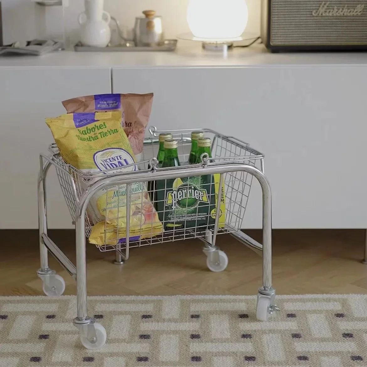 

Simple Iron Snack Storage Basket Mobile Trolley Rack Handle Shopping Basket Living Room Flower Rack Bedroom Laundry Basket