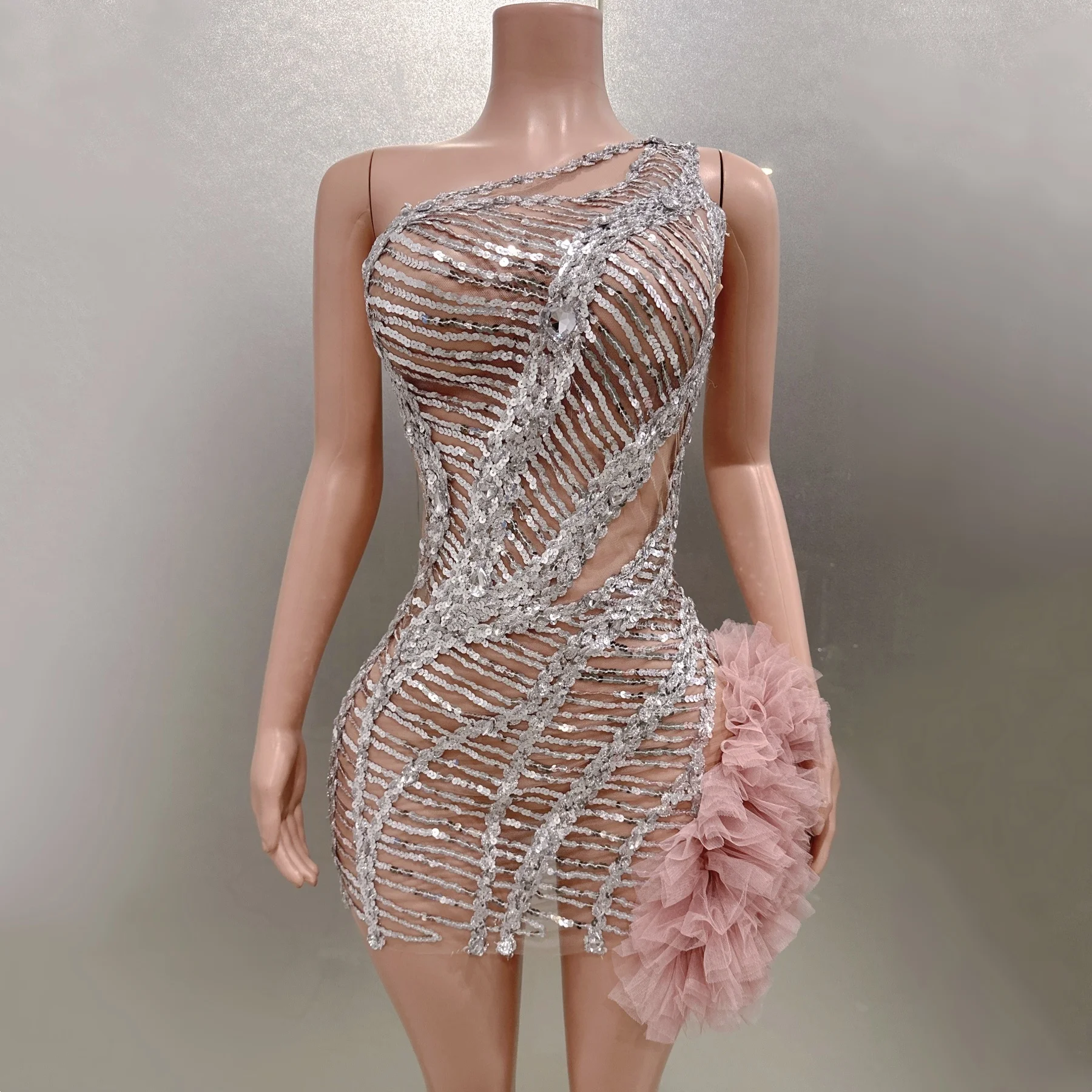 

Flashing Sliver Sequin Sexy See-Through Mesh Sheath Mini Dress Bar Nightclub Singer Stage Evening Party Performance Coustome