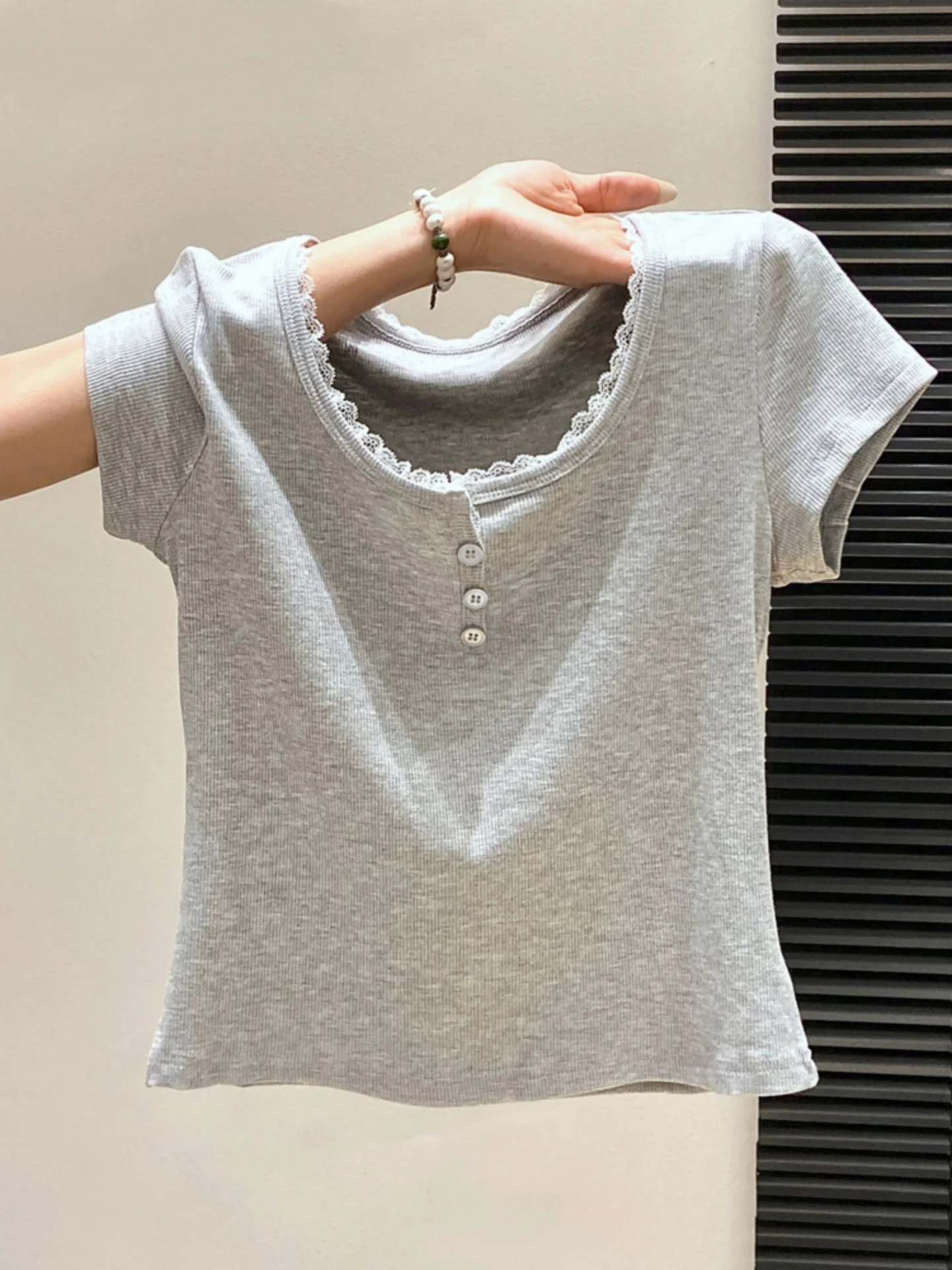 Summer New Women's Button up Short Sleeve T-Shirt 95 Cotton Square Collar Slim Fit Big Size Comfortable Breathable Casual Top