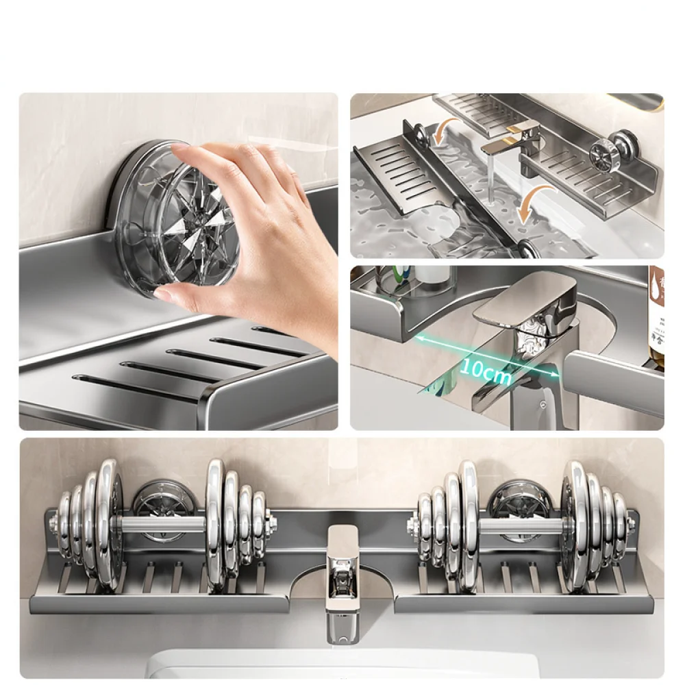 Modern Bathroom Organizer Rack Carbon Steel Wall Mounted Punch Free Storage Shelf For Sink Countertop Shower Tidy Tray