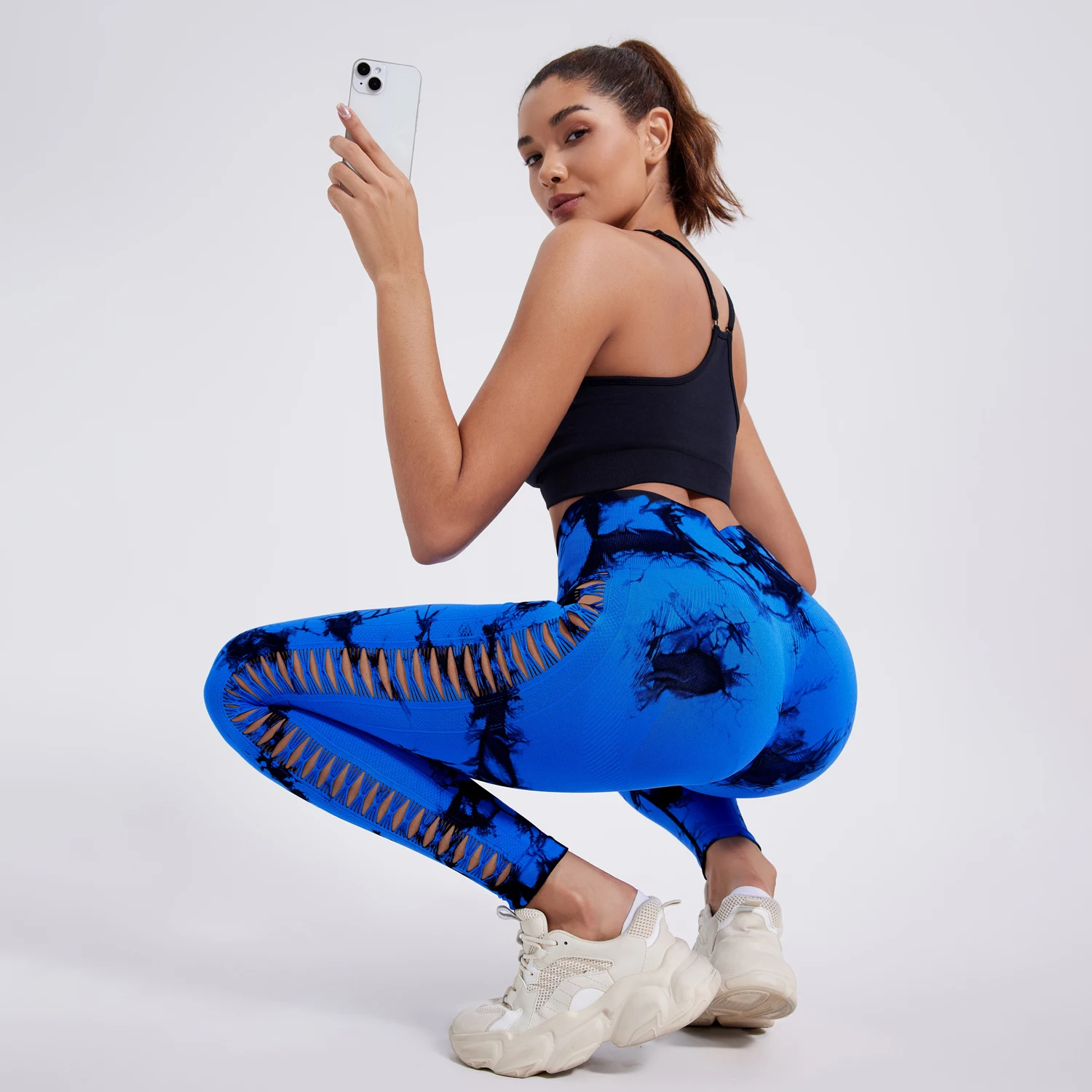 التعادل صبغ الجانب الجوف خارج لفافة ساق غير مخيطة للنساء عالية الخصر اليوغا السراويل Scrunch الورك رفع الجوارب المرنة