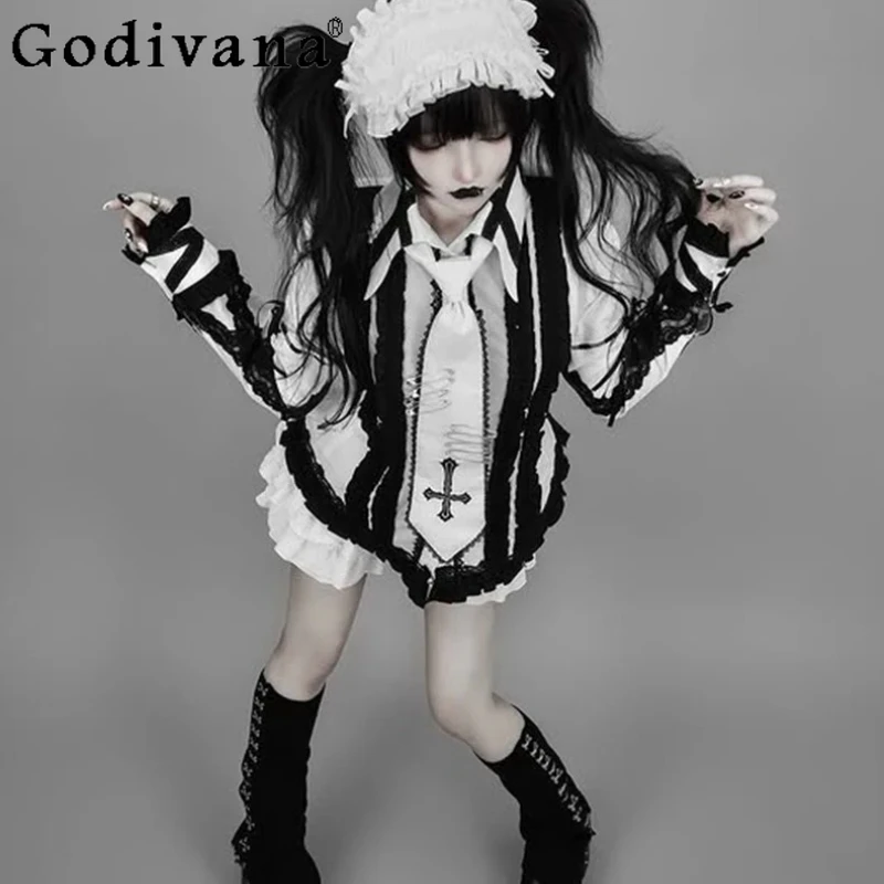 

Плюс размер 5XL, темная готическая рубашка в стиле Лолиты с милой вышивкой и галстуком, весна-осень, модный универсальный топ с длинными рукавами и кружевом для девочек