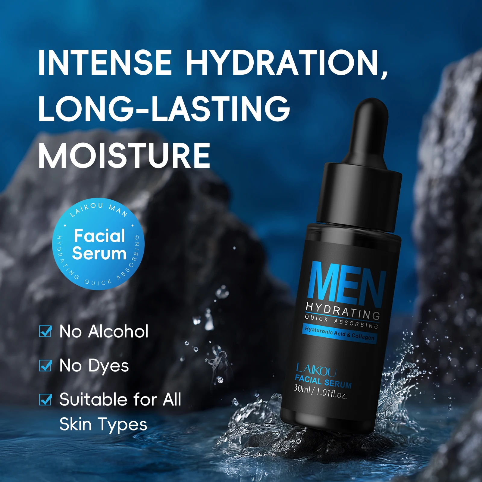 LAIKOU Herren Feuchtigkeitsspendendes Straffendes Gesichtsserum 30ml, Schnell Einziehend für Weiche Glatte Haut Mit Hyaluronsäure Kollagen & Niacinamid