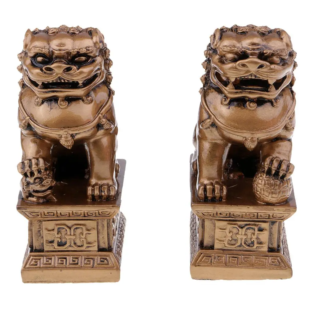 Wealth Prosperity Pair of Chinese Lions Resin Lion Statues Housewarming Gift to