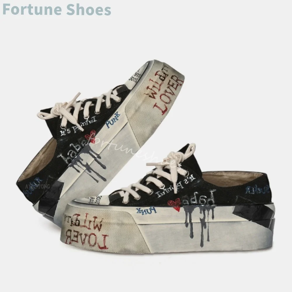 

Distressed Graffiti Canvas Shoes Women Thick Sole Round Toe Cross Strap Platform Casual Sneakers Fashion Cool Girl Dirty Shoes