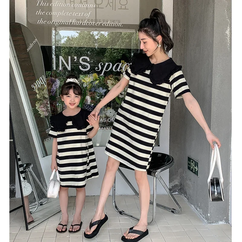 

2024 Parent-Child Matching Summer Clothes Mom And Daughter Korea Dress With Big Collar Baby Girls And Women's Fashion Dresses