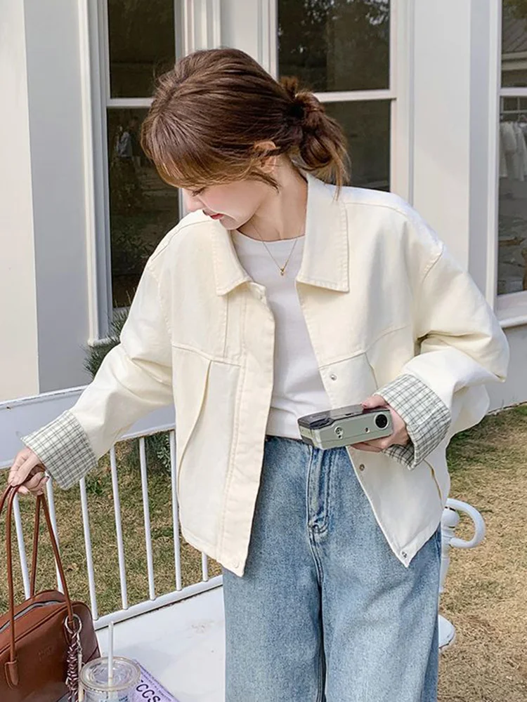 

Sweet Women Pink Cargo Jackets Loose Preppy Style Plaid Patchwork Vintage Cute Coats Korean Casual Long Sleeve Retro Outwear New