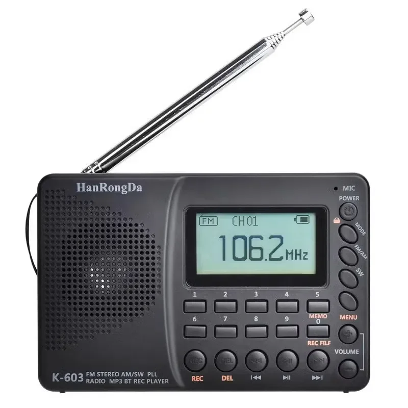 HanRongDa HRD-603 Portable Radio Pocket AM/FM/SW/BT/TF Pocket Radios USB MP3 Digital Recorder Support TF Card Bluetooth Speaker