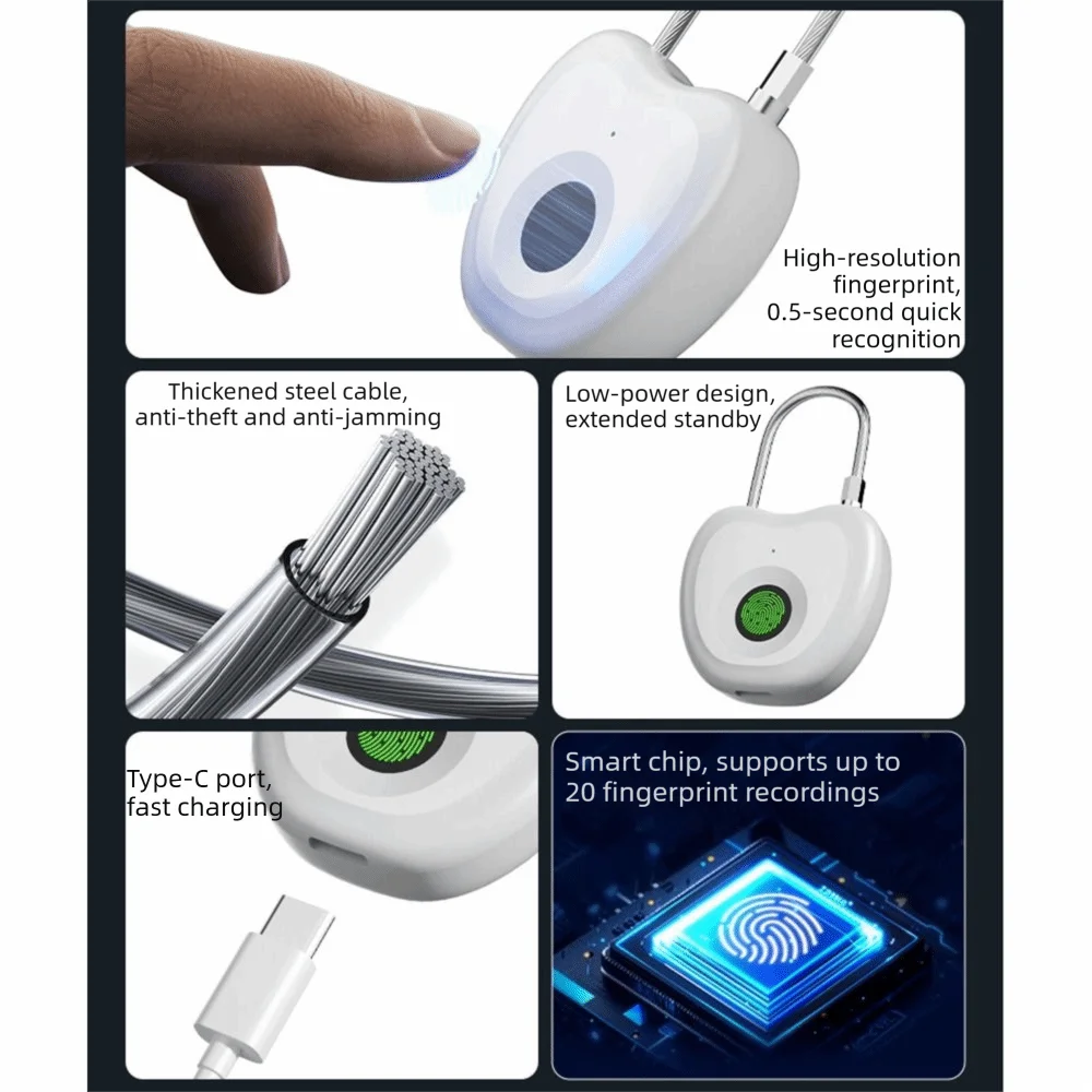 High Strength ABS Fingerprint Padlock Portable with Electronic Key Intelligent Luggage Lock Security Fast Recognition gallery 4