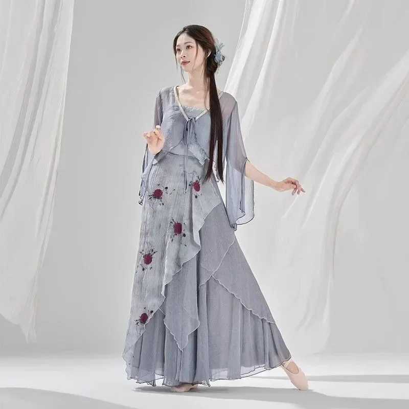 Women Classical Chinese Dance Exercises Costumes Blue Coat Camisole Butterfly Print Culottes Modern Hanfu Vestido Oriental