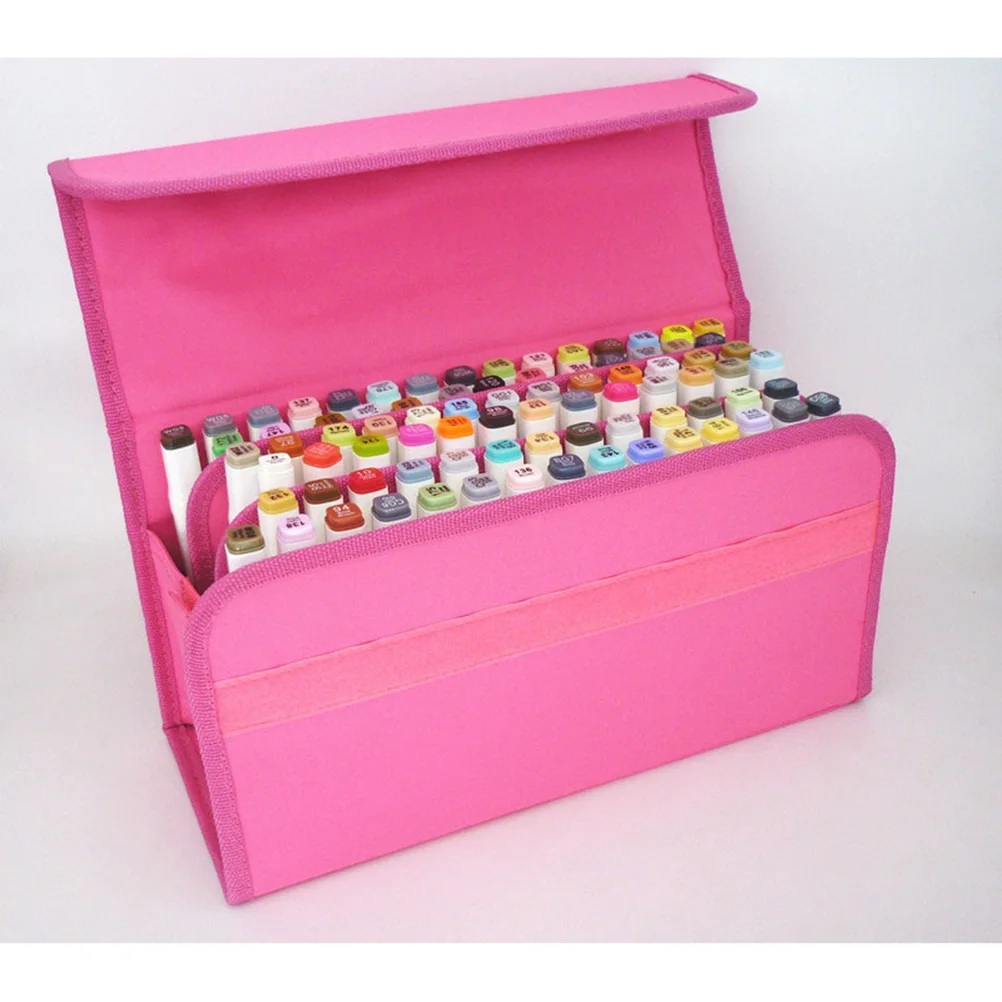Premium 80 Slot Marker Pen Case Nylon Shoulder Strap Elastic Ring Table Easel Countertop T-Tag Cabinet Connector Rosy