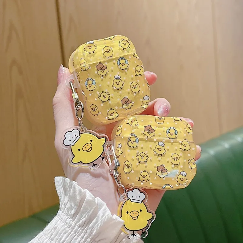 Kawaii Cartoon Yellow Chick Clear Headphone Case With Keychain For AirPods 1/2/3/4 Pro 2 Pro 3 Minimalist Korean Cover