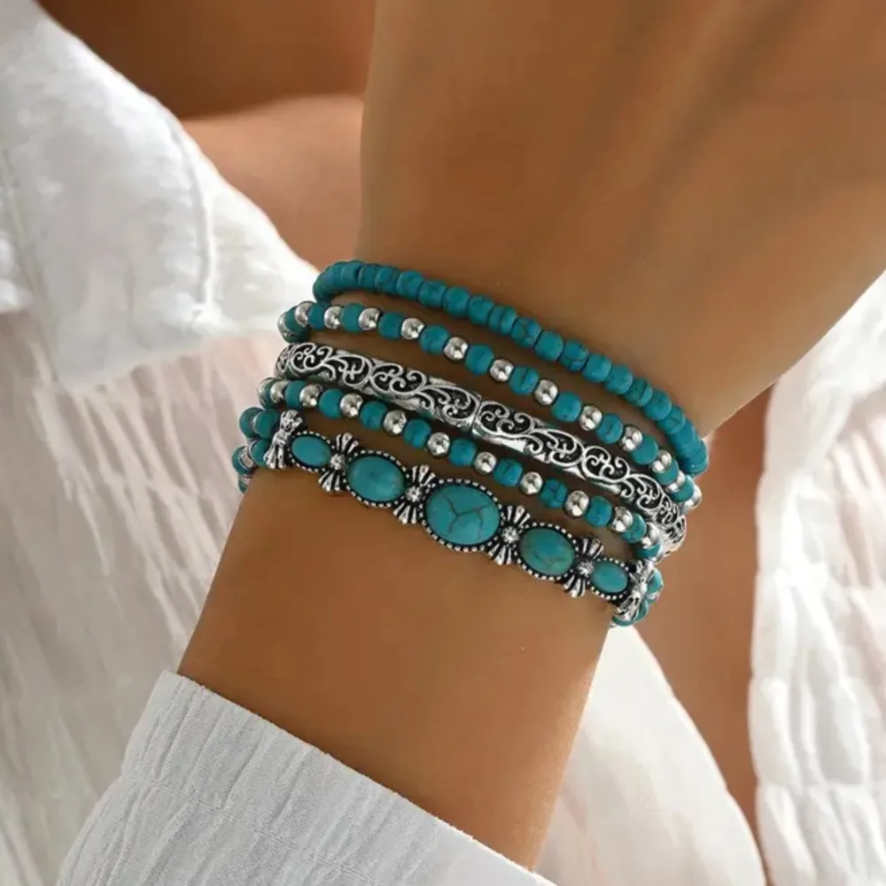 Boho Style Turquoise Decorated Bead Bracelet set for Women Vinatage Trendy Natural Stone Beads Chain Jewelry Gifts