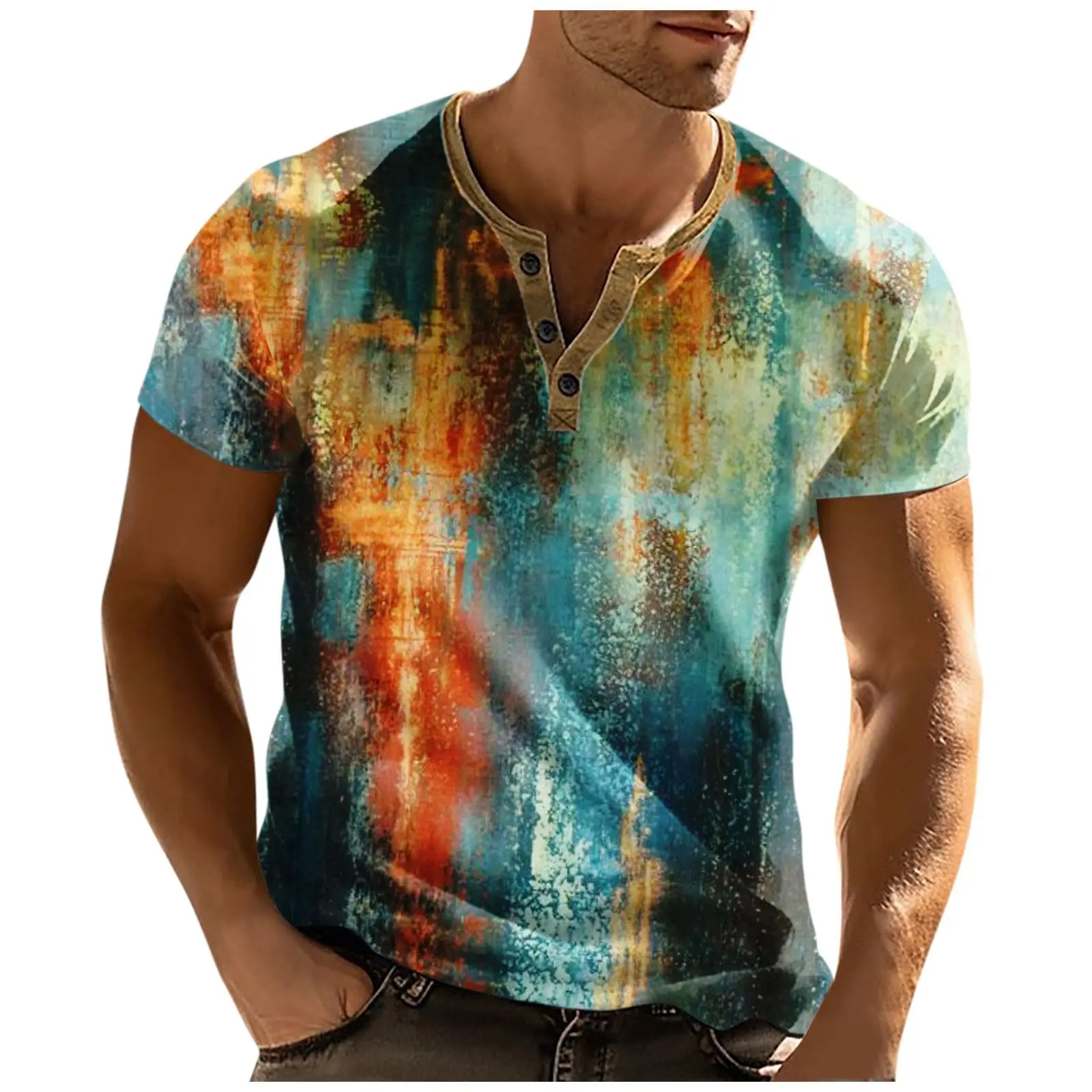 Abstract Art 3D Print Henley Shirts Men's Casual Vintage Streetwear Button-Down Short Sleeve T Shirt Man Male Tees Tops Clothing