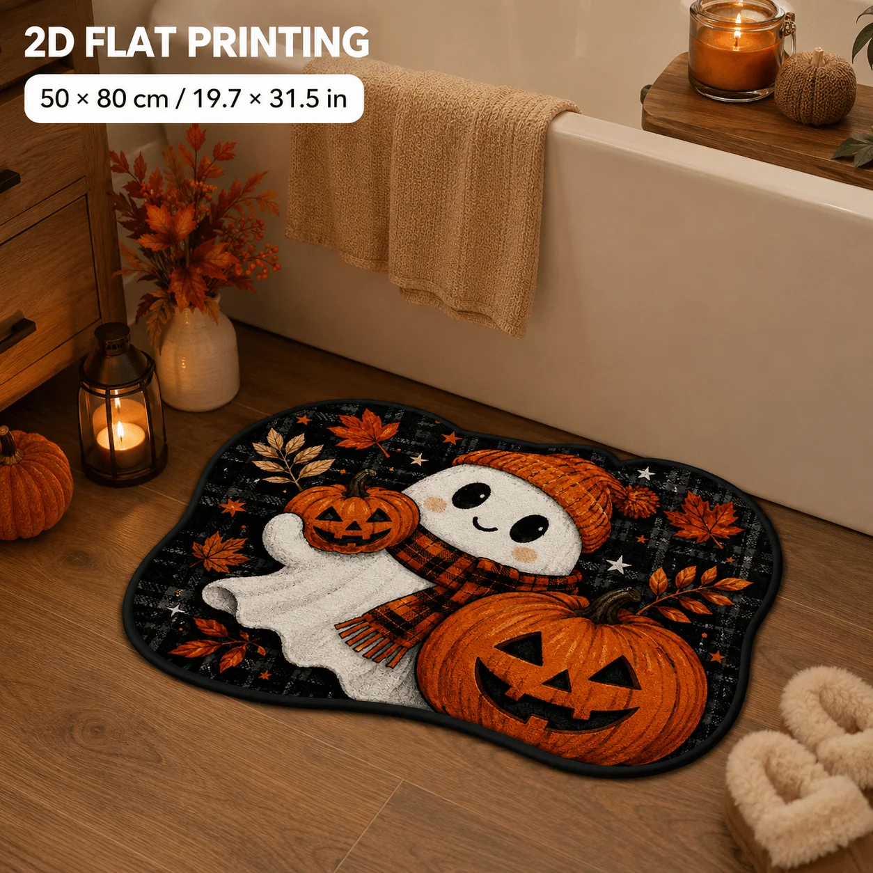 VIKAMA Farmhouse Halloween Irregular Mat Kawaii Ghost Plaid Scarf Pumpkin Maple Leaf Non Slip Absorbent Thin 2D Entry Floor Rug