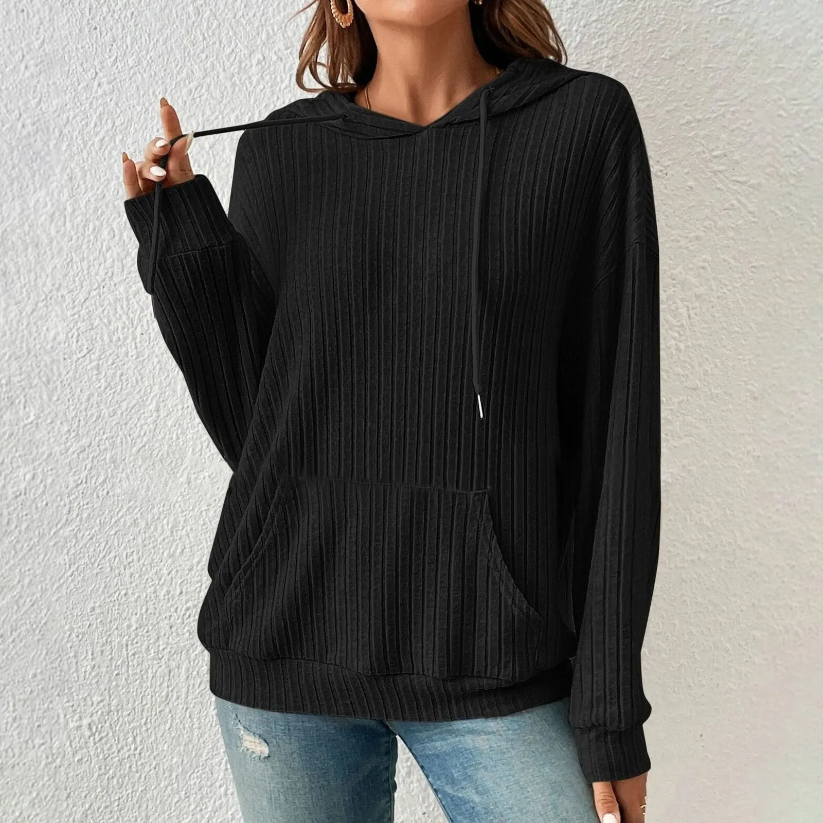 

2024 New Knitted Hoodies Women Casual Long Sleeve Drop Shoulder Curved Hem Drawstring Hoodie Solid Color Pullovers Sweatshirt