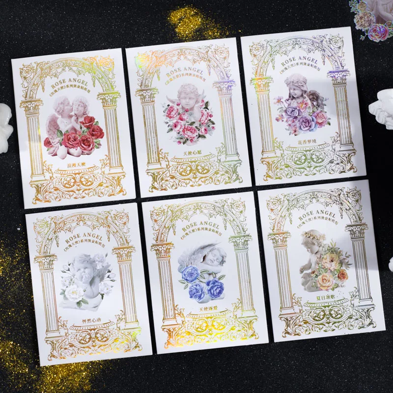 20Pieces PET 3D Laser gold Sticker sculpture painting Flower Package Rose Angel decorative Handmade Account Stickers 120*73mm