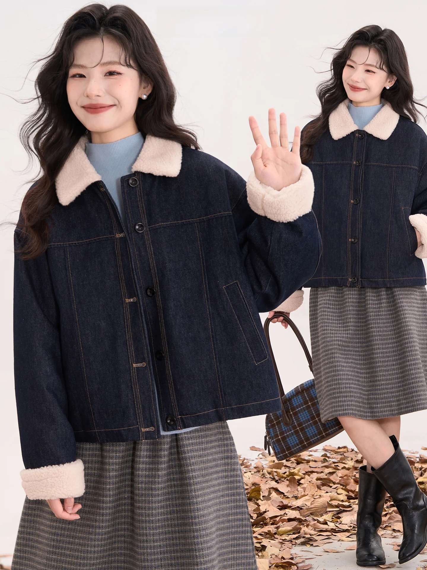 

Heme Cold Brew Coffee Warm Collar Faux eepskin Denim Jaet Plu Women's Winter ort Coat Casual Sle Long Sve Loose Fit