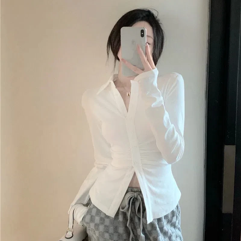 Shirring Design Shirts Women Fashion Solid Inside Preppy Style Slim Ulzzang All-match Vintage High Street Autumn Soft Lady Tops