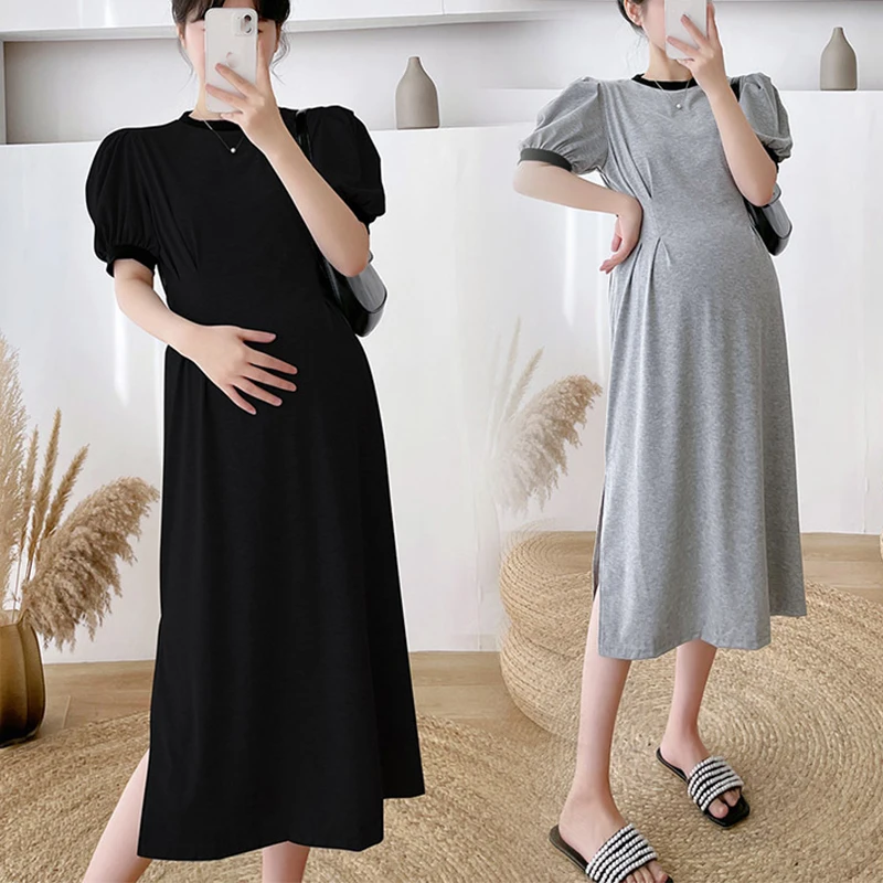 

Korean Style Mid-length Maternity Dress Short Sleeve Elegant Brief Dress Pregnancy Summer Maternity Long Skir