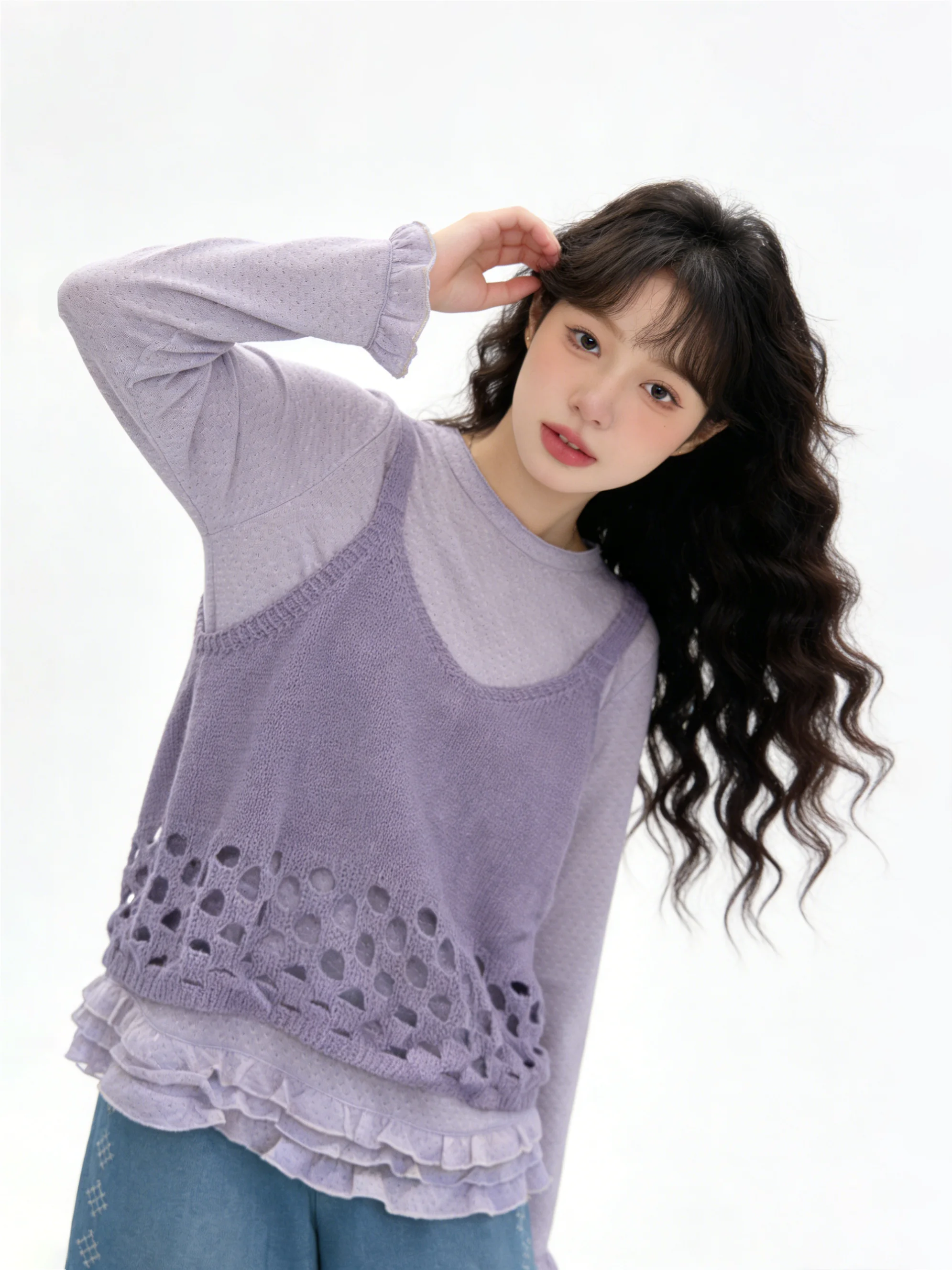 Early Spring Ensemble Women's Gentle Style Purple Hollow Knitted Strap Vest over Long Sleeve Base Shirt Two-Piece Set