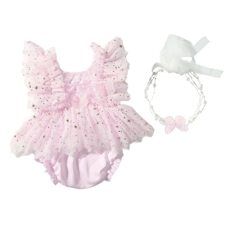 

J15U Newborns Photography Lace Butterfly Outfit Polyester Infant Girls Photoshoot Romper with Matching Hairband Props Set
