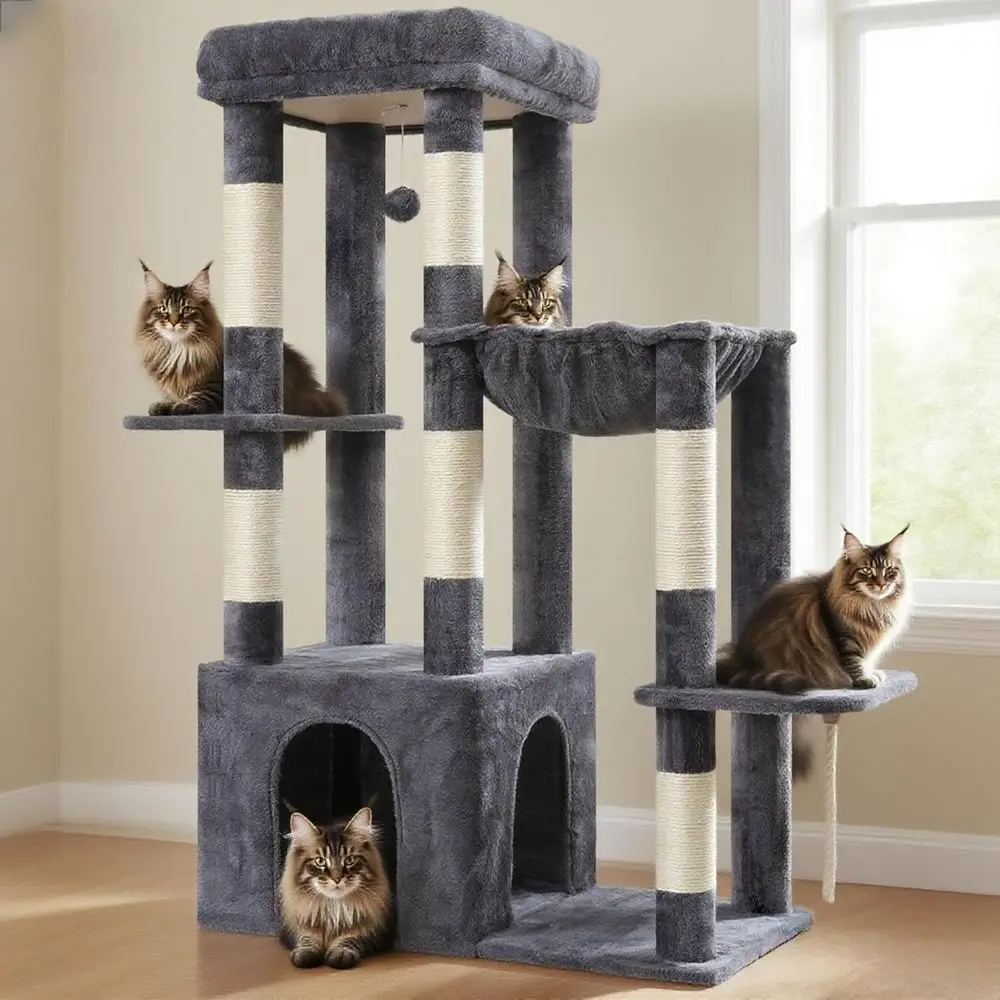 Sturdy Large Cat Tree Tower with Multi-Level Furniture, Scratching Posts, Hammock, and Toys in Smoky Gray