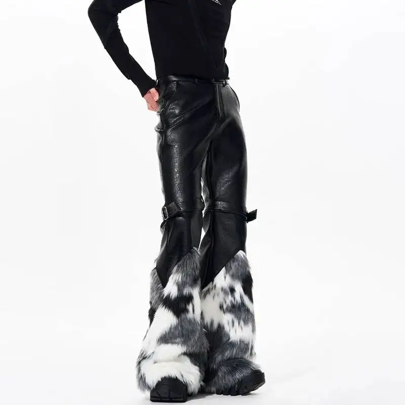 LUZHEN 2026 New Personalized Faux Fur Splicing Leg Leather Bell-bottoms Pants Men's Original High Quality Street Trousers JY6568