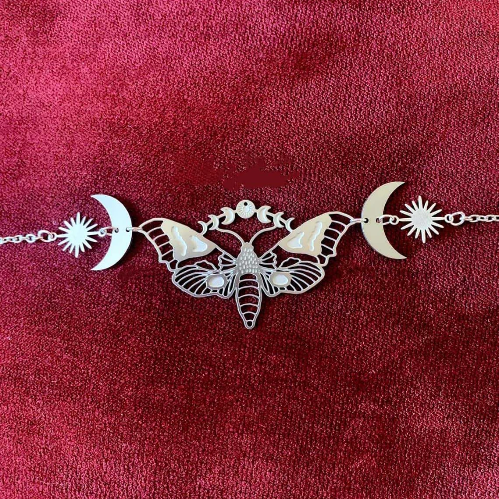 Charm Goth Silver Color Stainless Steel Sun Crescent Moon Moth Choker Necklace for Women Halloween Moon Phase Aesthetic Jewelry