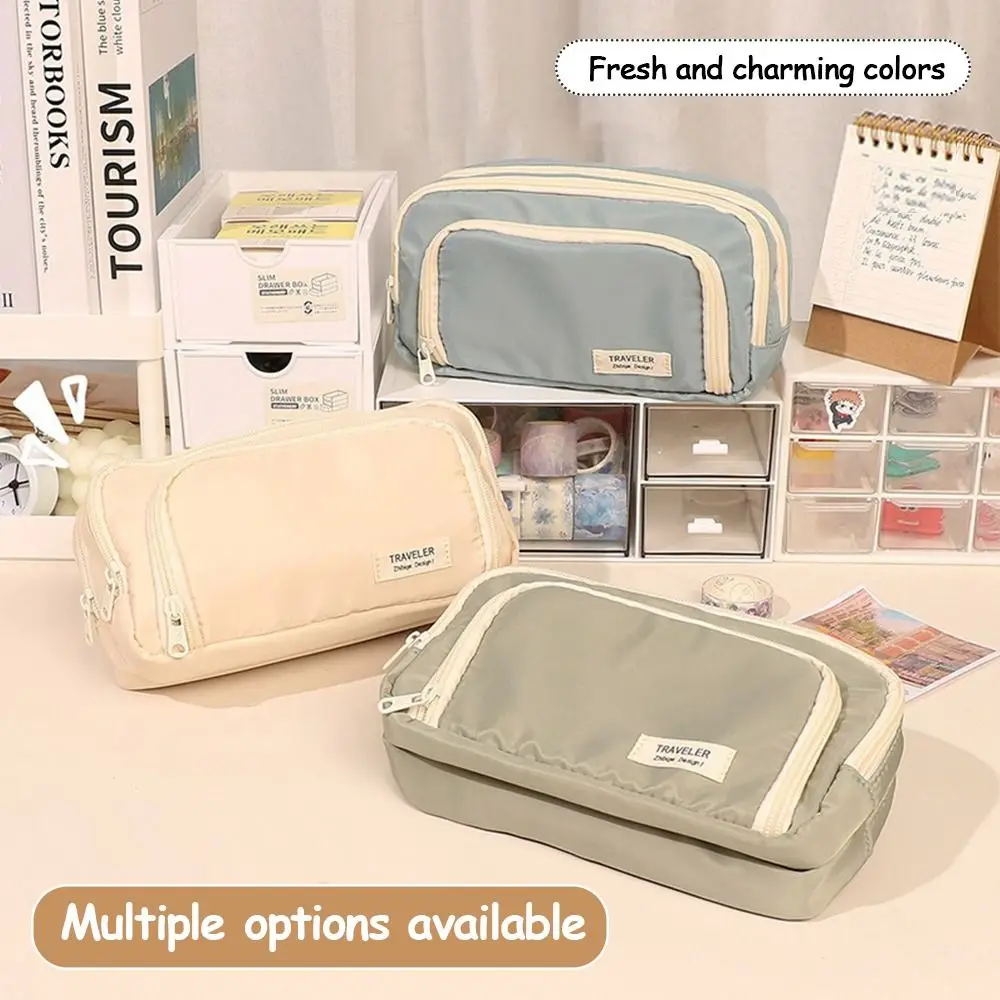 Portable Large Capacity Pencil Bag Multi-layer Solid Color Pen Pouch Pencil Case Students Supplies
