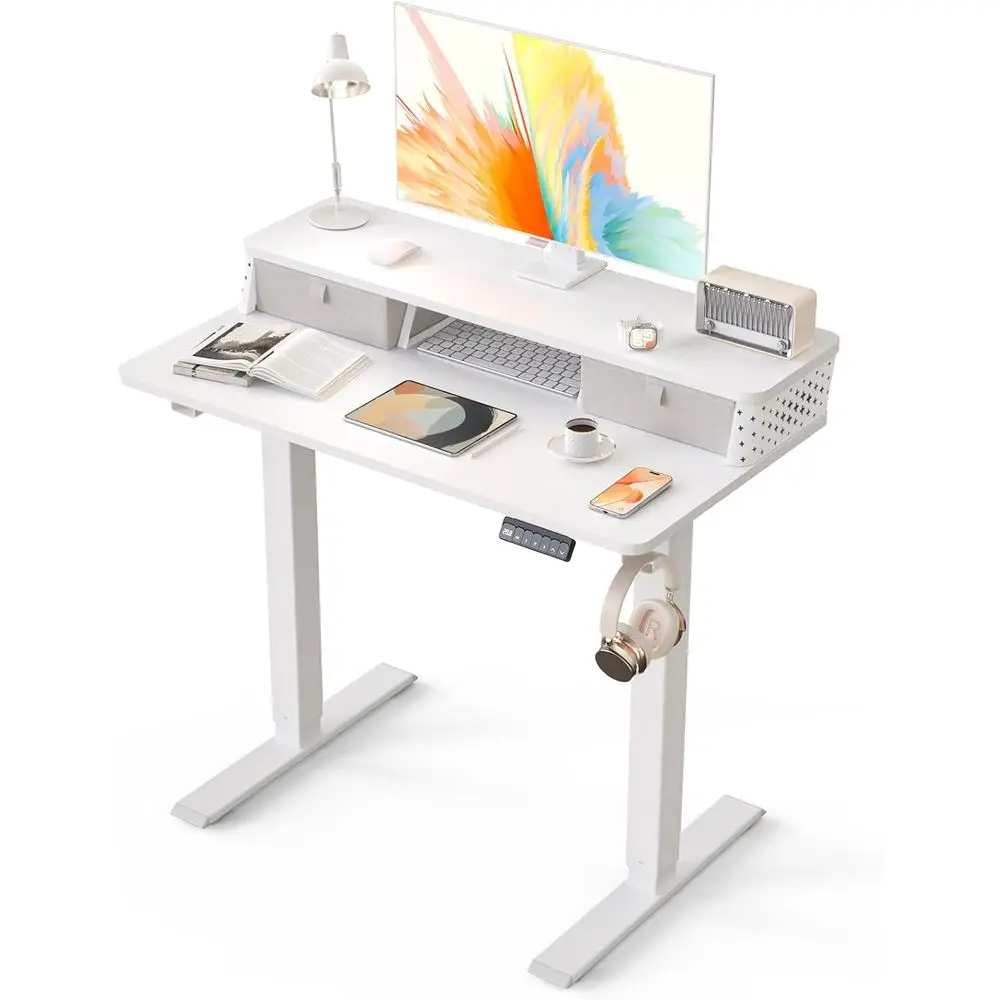 35 x 20 Compact Electric Desk, Dual Motor, Height-Adjustable, Storage Shelf, C-Clamp, White for Home Office