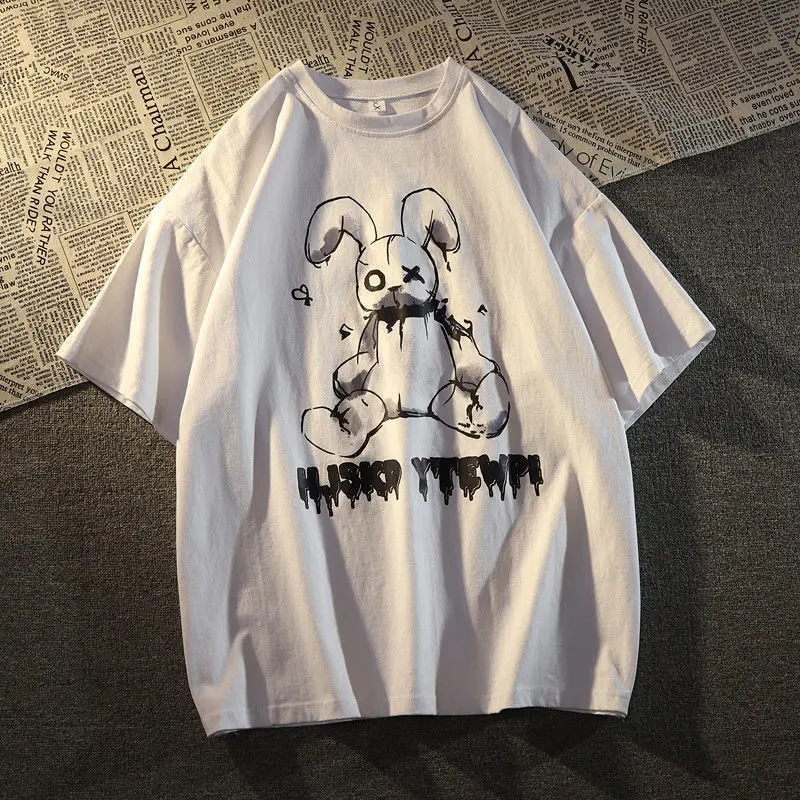 New American Retro Rabbit Graffiti Graphic Printing Men Short-sleeved T-shirt Unisex Oversize Loose Hip-hop Couple Y2k Tops