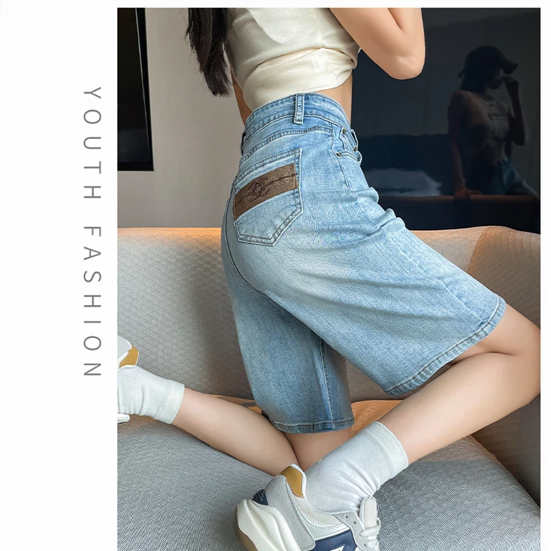 

Women's Shorts BlueAmerican Vintage Y2K Straight Basic Classic Simplicity Wide Leg Pants High Waist Female Summer Denim Shorts
