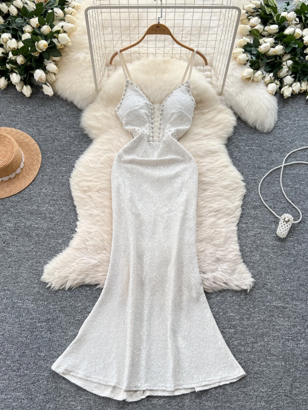 فستان طويل لامع مزين بالألماس على شكل حرف v مثير على طراز الآلهة للنساء، فستان سهرة للتخسيس على الطراز الكوري، تنورة عالية ال... #1