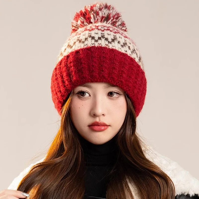 女性用-ニットフリース裏地付き-厚手の耳保護-おしゃれな多目的-暖かい防風帽子-新年ニット帽-カジュアルスタイル-調節可能な丸いトップ-つばなし-折りたたみ可能