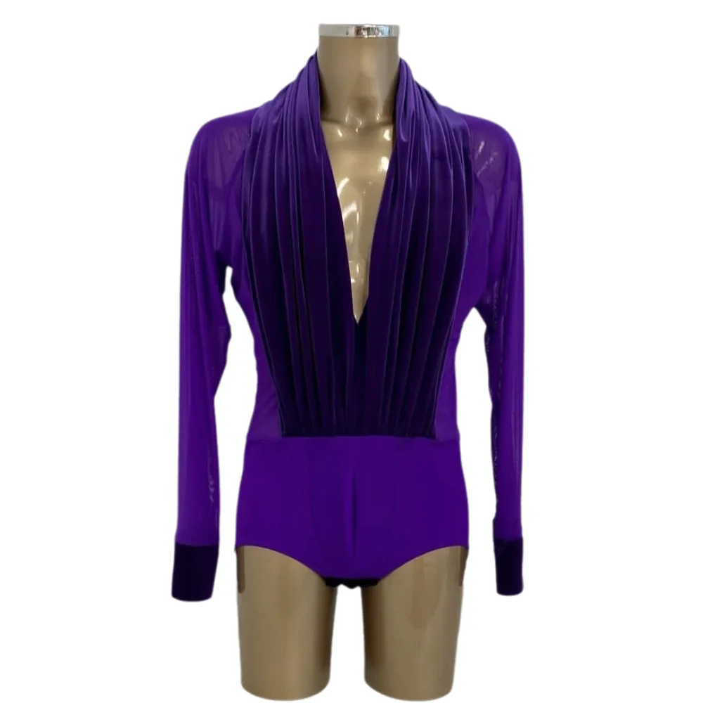 남성용 보라색 브이넥 긴팔 라틴 댄스 의상, 어린이 성인용 상의, 전문 볼룸 댄스 공연 의상