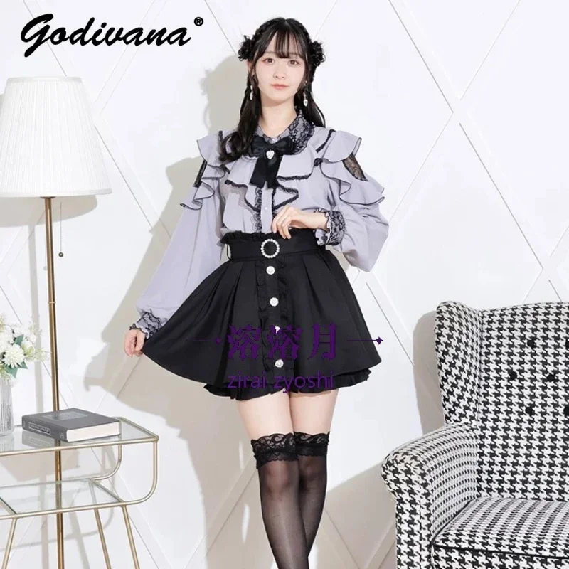 Mine Mass-Produced Doll Collar Shoulder Lace Ruffled Long Sleeve Shirt Top Spring and Autumn Women\'s Sweet Blouses