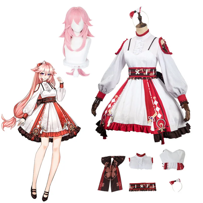 Genshin – perruque de Cosplay Yae Miko Lolita, Costume d'halloween et de carnaval pour femmes et filles adultes