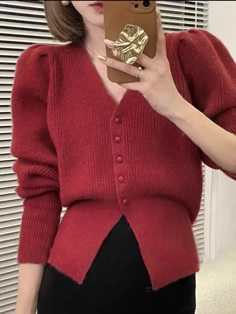 

2025 New Year Red Knitted Sweater Coat Women's Autumn Winter Lazy Sle High-End Feeling Open Cardigan Top Matching