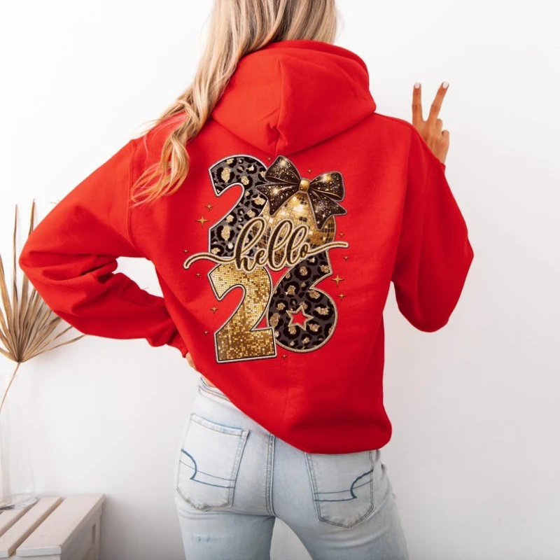 

Happy New Year Gold & Black Bow Sparkle Cute Hello 2026 Thermal Hoodie NYE Party Outfit Celebration Long Sleeve Sweatshirt Top