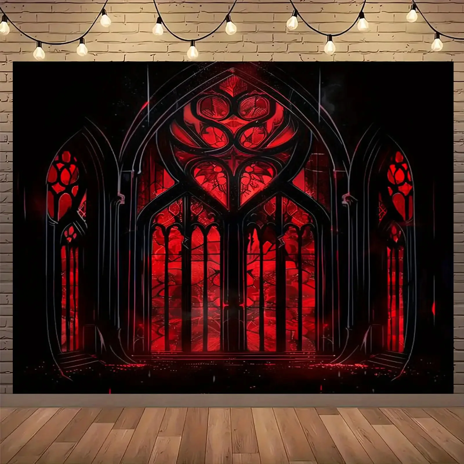 tissu-de-fond-de-banniere-gothique-retro-noir-et-rouge-plat-2d-avec-design-de-fenetre-en-vitrail-decoration-de-fete-d'halloween-1-piece