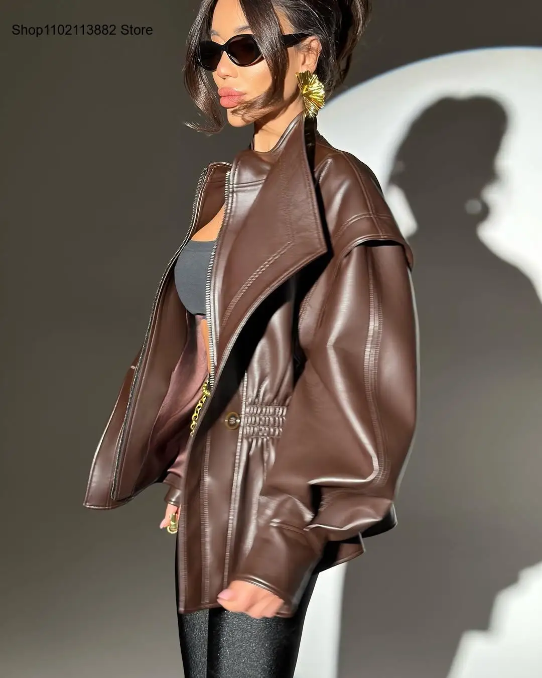 European and American Style Fashionable Temperament Women's Washed and Vintage Style Faux Leather Two-Piece Jacket