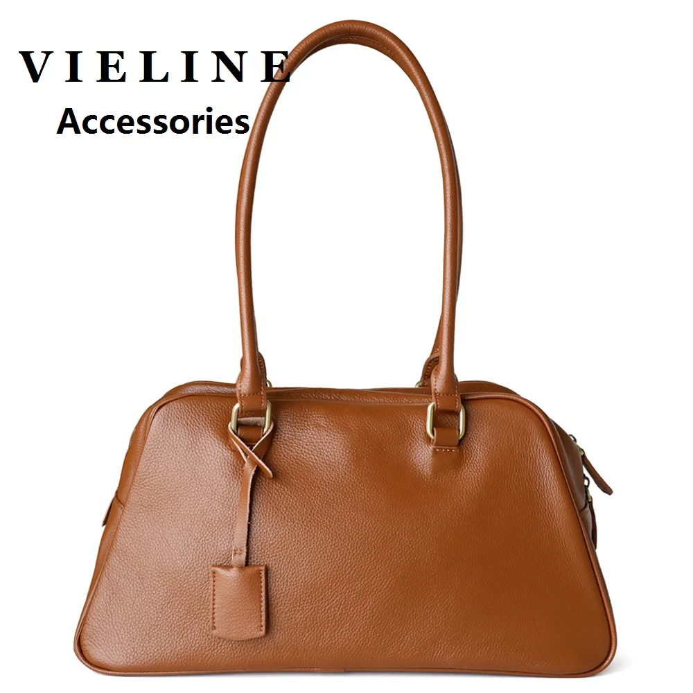 

VIELINE Women Simple Retro Boston Bag Large Capacity Cowhide Commuting Underarm Bag Genuine Leather Versatile Shoulder Handbag
