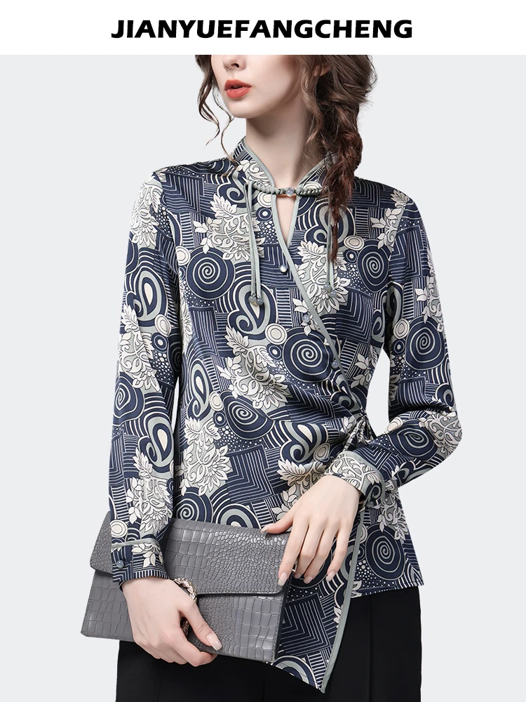 Vintage Bohemian Style Women' Printed Satin Shirt 2024 Spring Summer Long Sleeve Stand Collar Belt Lace-up Top Fashion Blouses